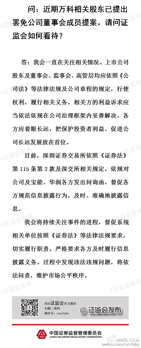 證監會回應萬科事件:應把保護投資者利益、促進公司長遠發展放在首位