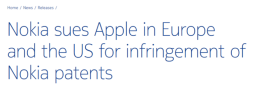 諾基亞起訴蘋果侵犯專利權 蘋果回應:與諾基亞毫無關系